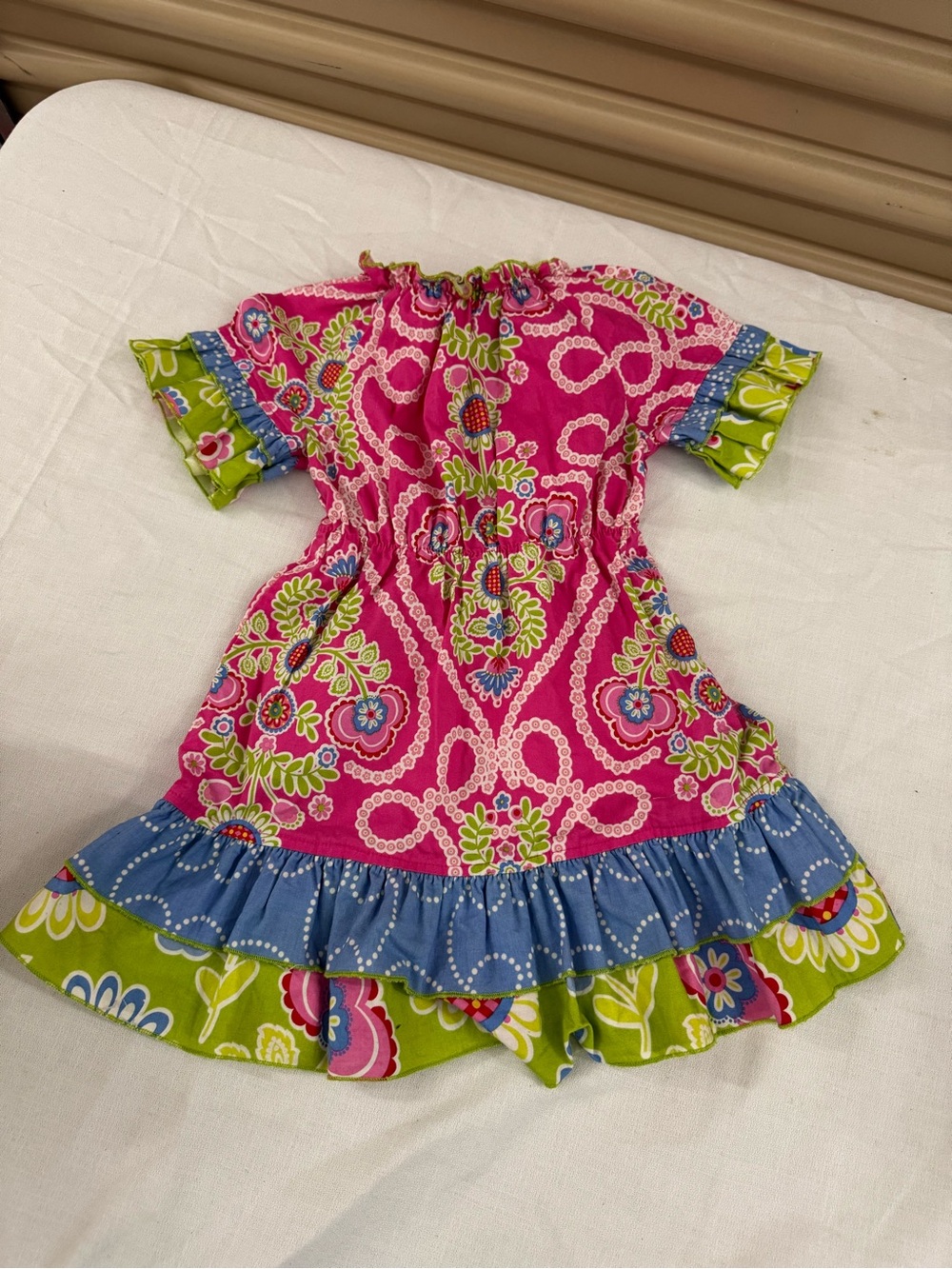 Lolly Wolly Doodle Hot Pink Floral Ruffle Dress with Blue & Lime Trim